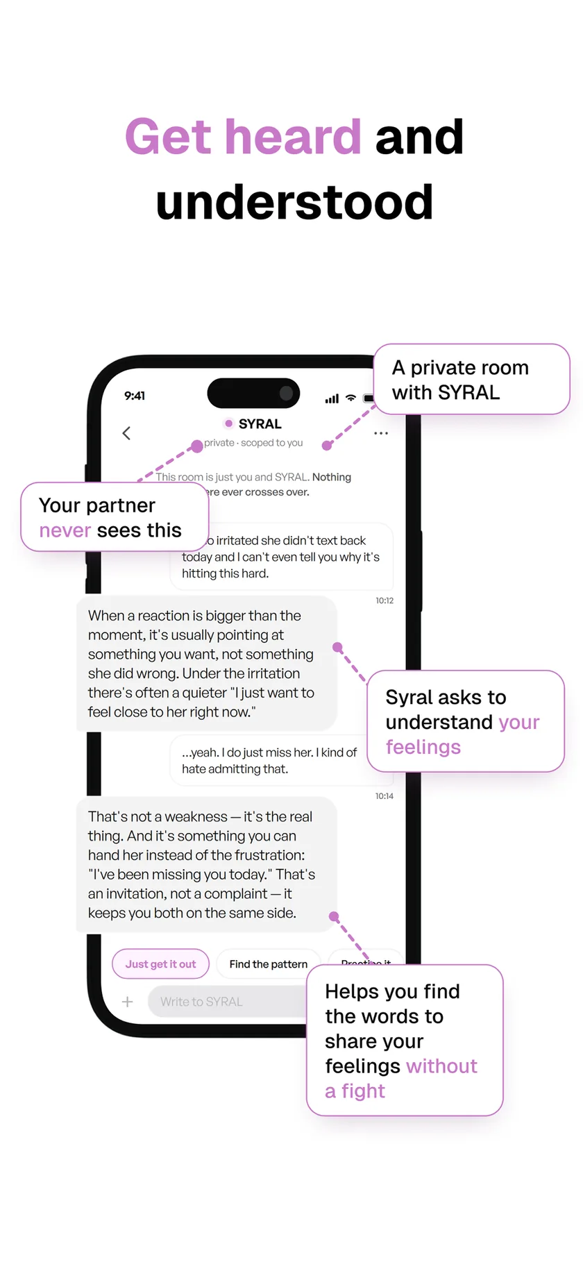 Get heard and understood — a private room with SYRAL your partner never sees