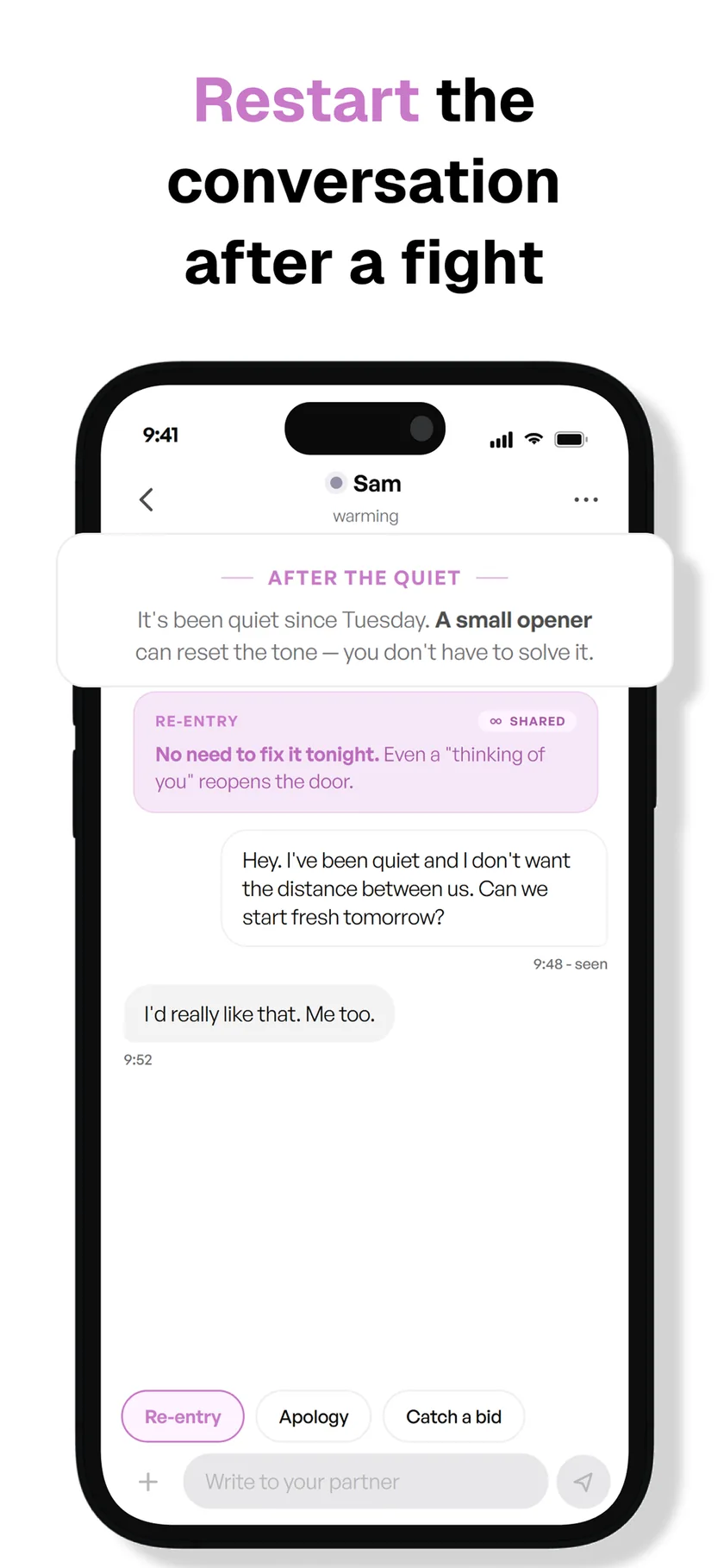 Restart the conversation after a fight — syr offering a re-entry message after days of silence